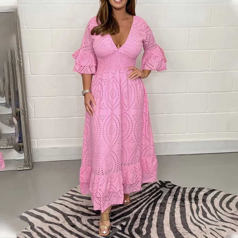 Angela™ - Midi dress with embroidered Anglaise ruffles on the sleeves