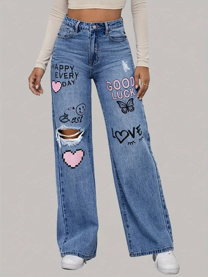 High-waisted jeans with wide leg and graphic design