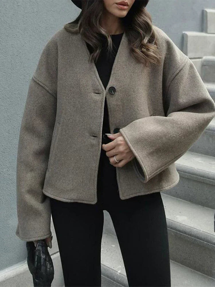 Oversized wool-look V-neck coat for women 