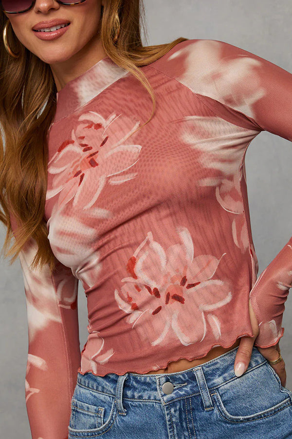 Floral printed slim fit long-sleeved casual top 