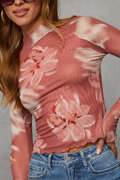 Floral printed slim fit long-sleeved casual top 