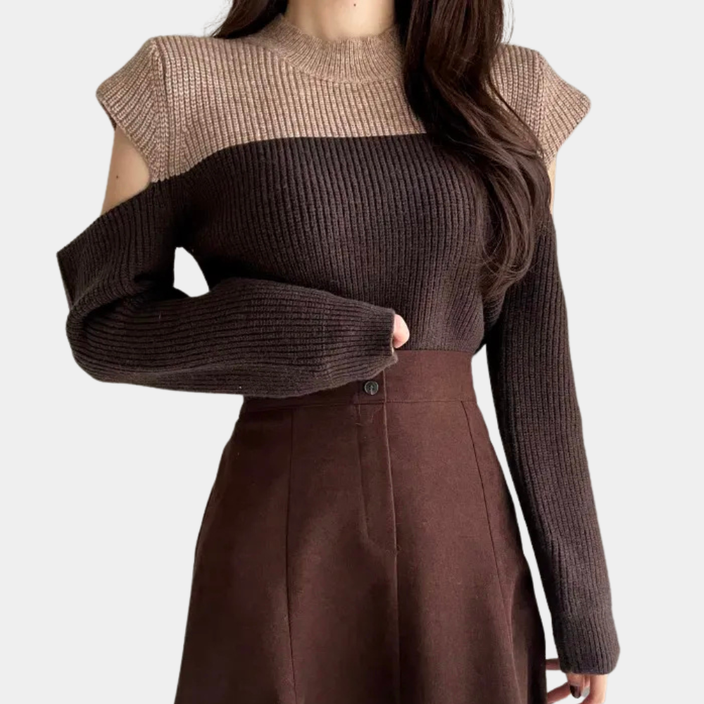 Two-tone knit sweater with cutouts on the sleeves 