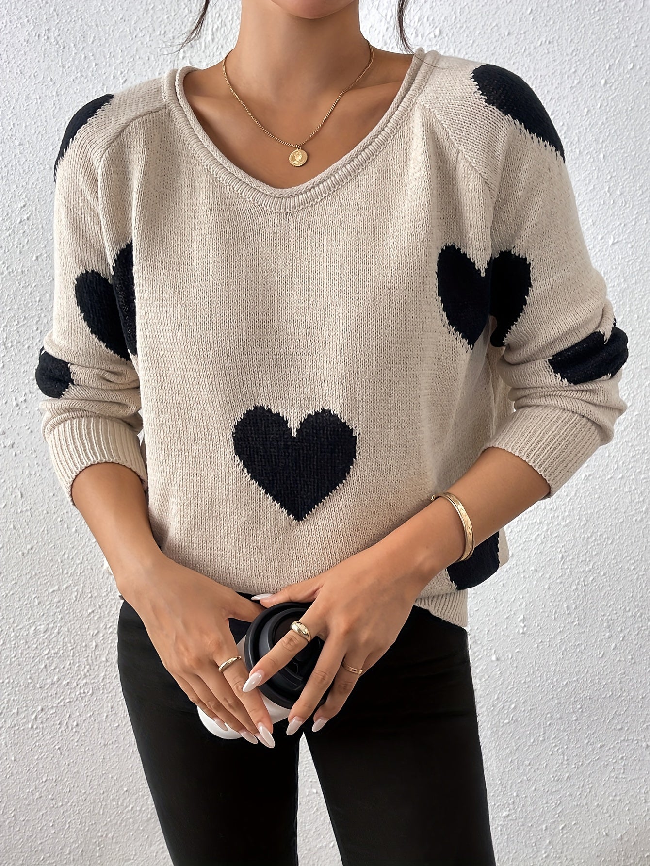 Cozy sweater with a heart pattern for a romantic winter style