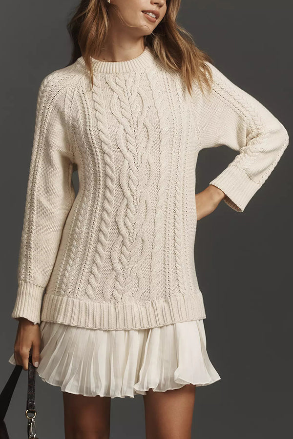 Knit dress with cable pattern and pleated chiffon hem 