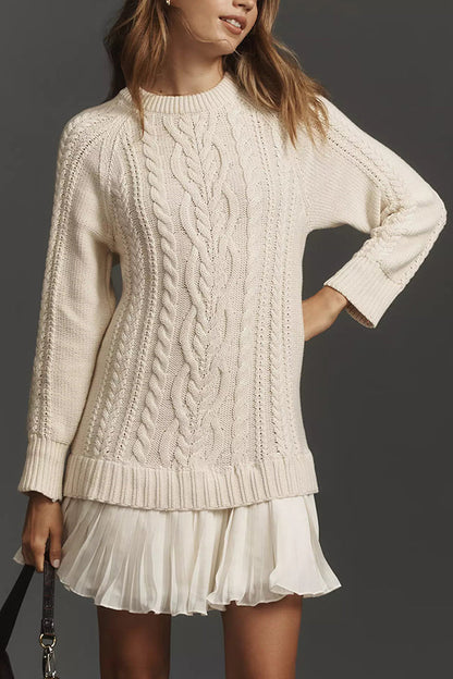 Knit dress with cable pattern and pleated chiffon hem 