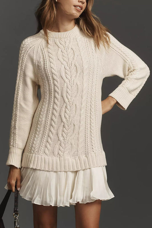 Knit dress with cable pattern and pleated chiffon hem 