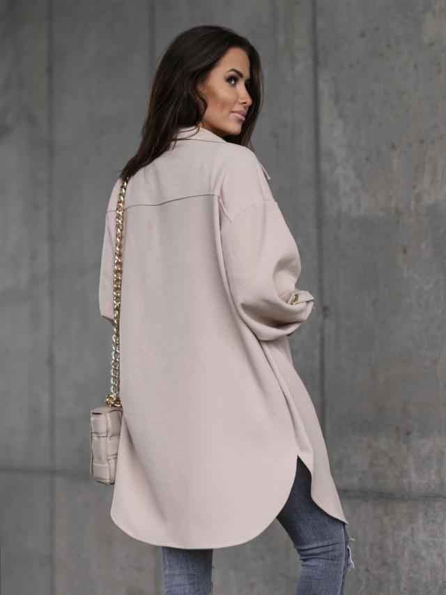 Cozy long shirt jacket with buttons, wool collar and lapels 