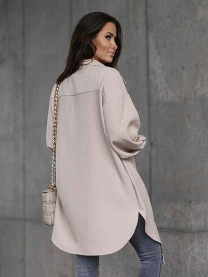 Cozy long shirt jacket with buttons, wool collar and lapels 