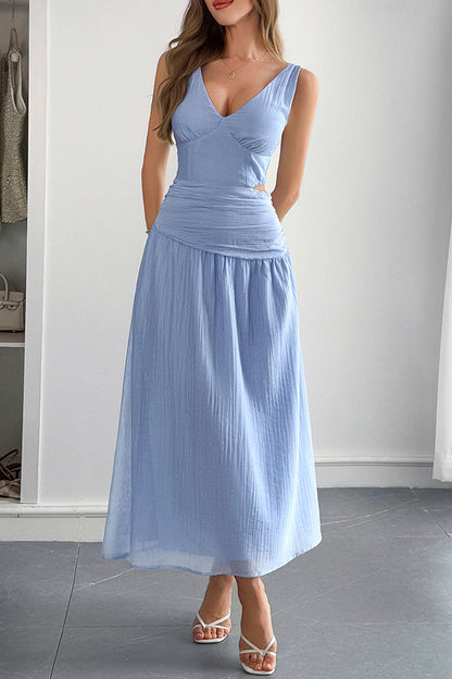 Sleeveless women's maxi dress with V-neck and hollow waist design 