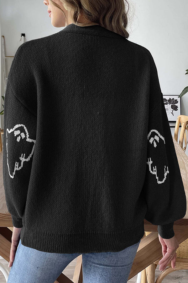 Cozy Halloween ghost knit sweater with buttons 