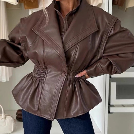 Stylish faux leather motorcycle jacket with lapel collar and elasticated waistband 