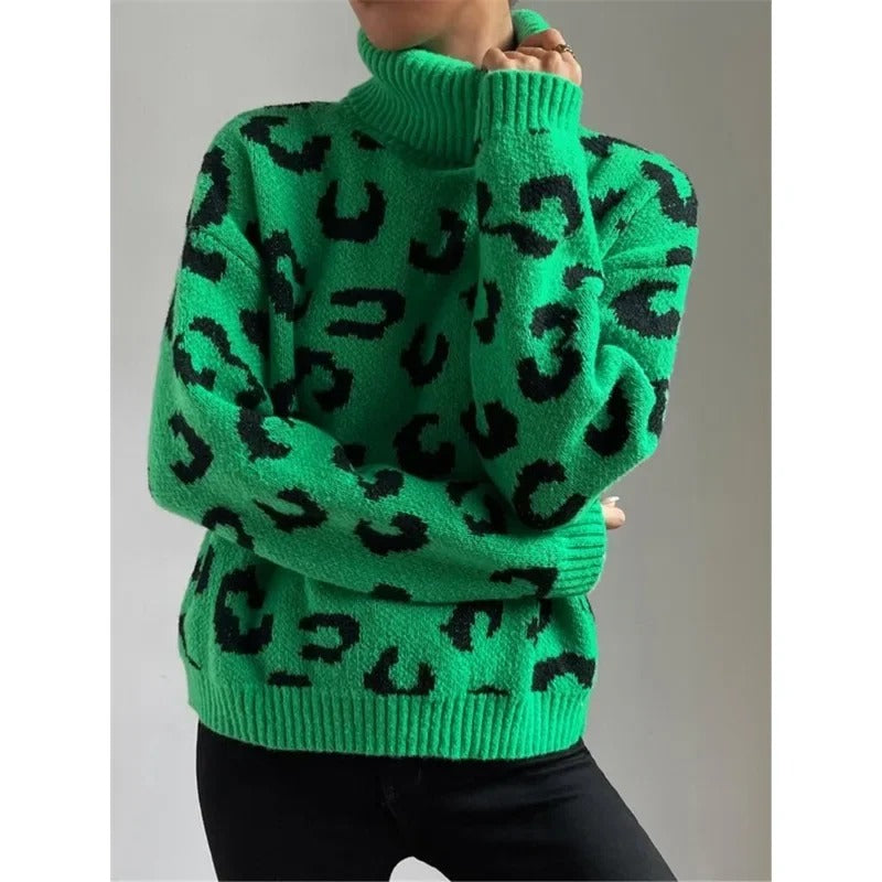 Anneliese™ - Casual turtleneck knit sweater with leopard print