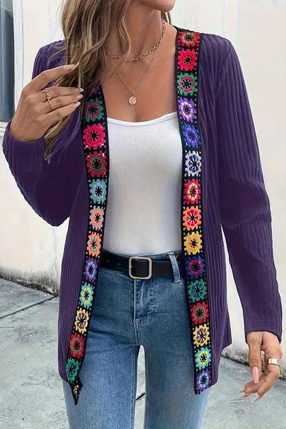 Boho knit cardigan with floral trim and long sleeves 