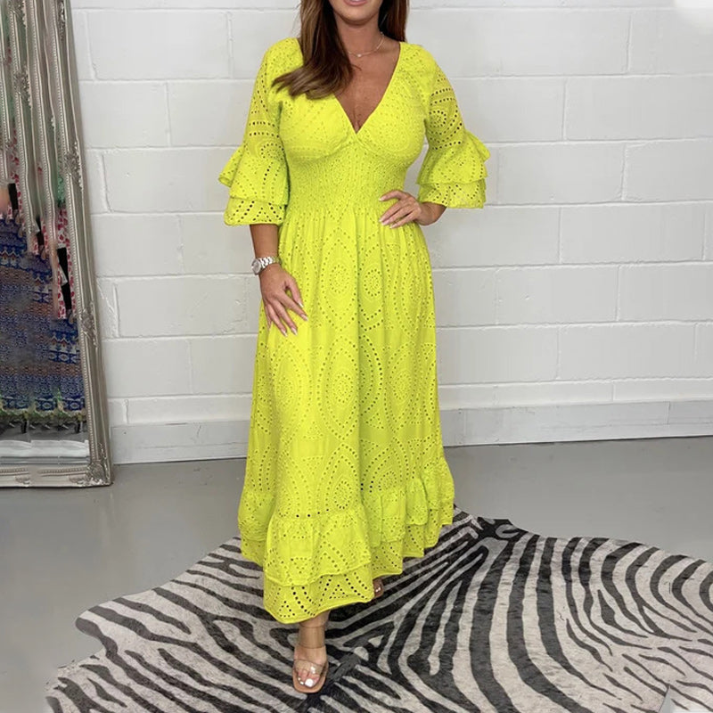 Angela™ - Midi dress with embroidered Anglaise ruffles on the sleeves