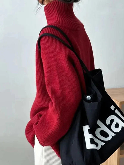 Karen™ - Red, simple sweater with stand-up collar