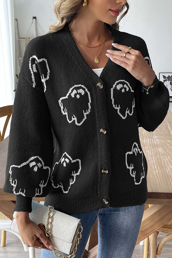 Cozy Halloween ghost knit sweater with buttons 