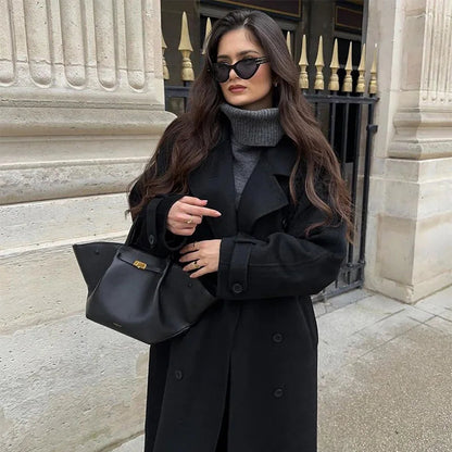 Reversible maxi coat with belt and lapel collar 