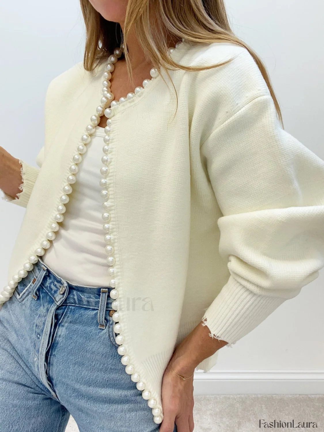 Cardigan with pearl embellishment and frayed hem 