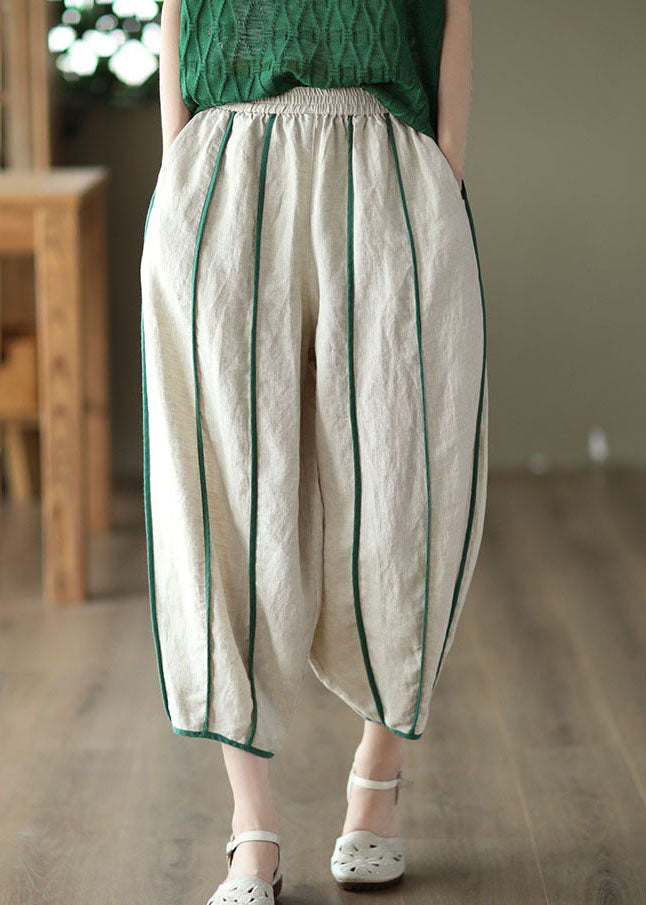 White linen patchwork harem trousers with pockets and stripes 