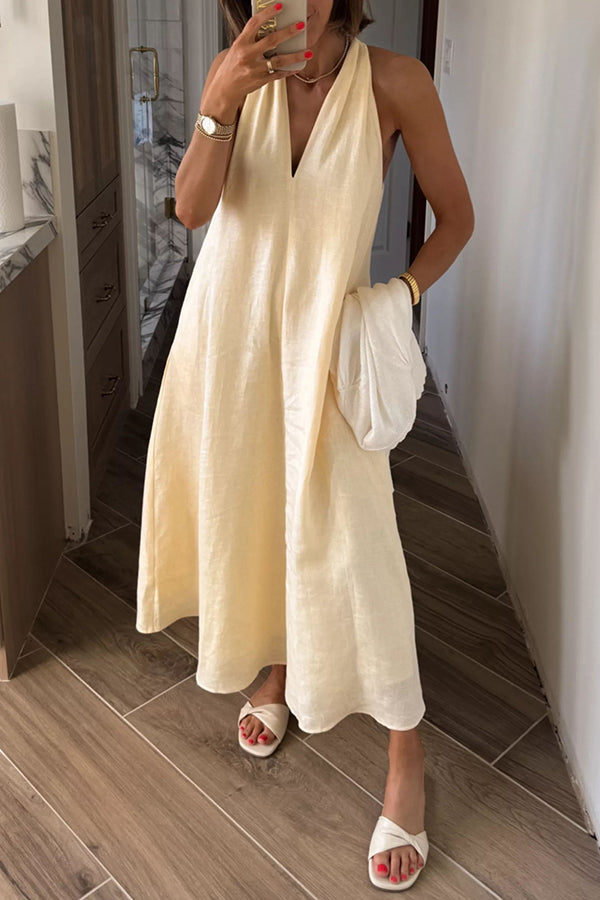 Karen | A-line midi dress with back twist in linen blend fabric