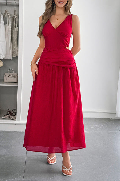 Sleeveless women's maxi dress with V-neck and hollow waist design 