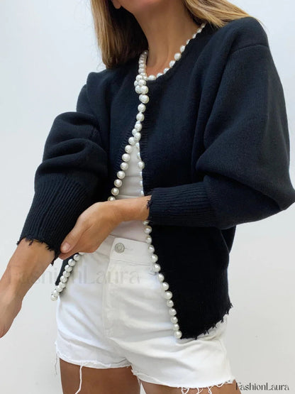 Cardigan with pearl embellishment and frayed hem 