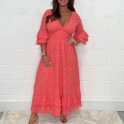 Angela™ - Midi dress with embroidered Anglaise ruffles on the sleeves