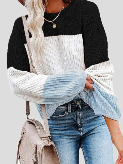 Cozy color-blocked knit sweater for a casual autumn style 