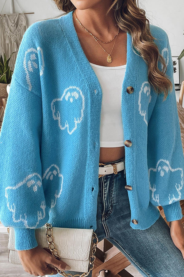 Cozy Halloween ghost knit sweater with buttons 