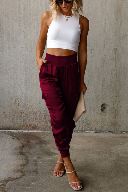 Maya™ - High-waisted satin joggers with pockets