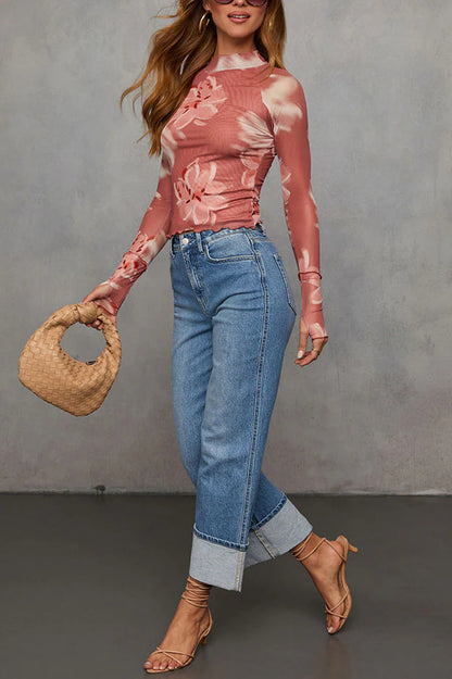 Floral printed slim fit long-sleeved casual top 