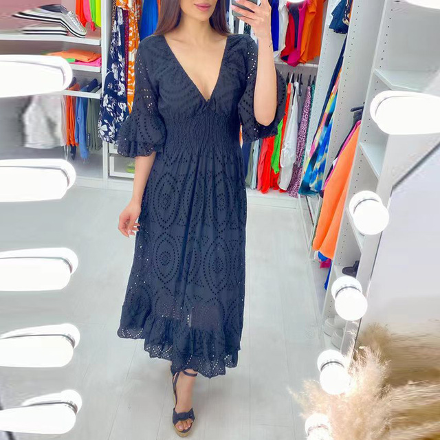 Angela™ - Midi dress with embroidered Anglaise ruffles on the sleeves