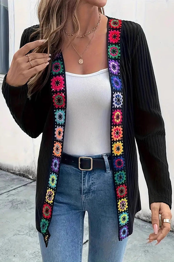 Boho knit cardigan with floral trim and long sleeves 