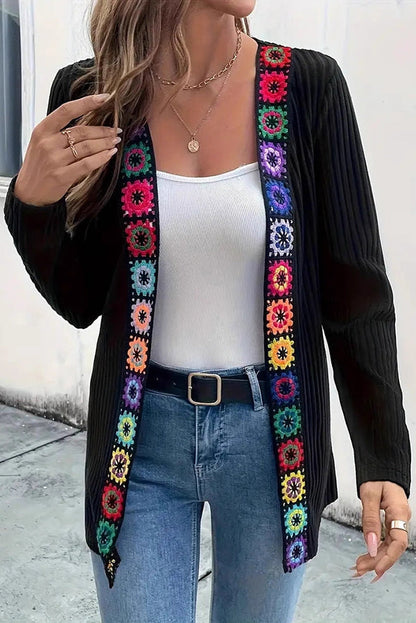 Boho knit cardigan with floral trim and long sleeves 