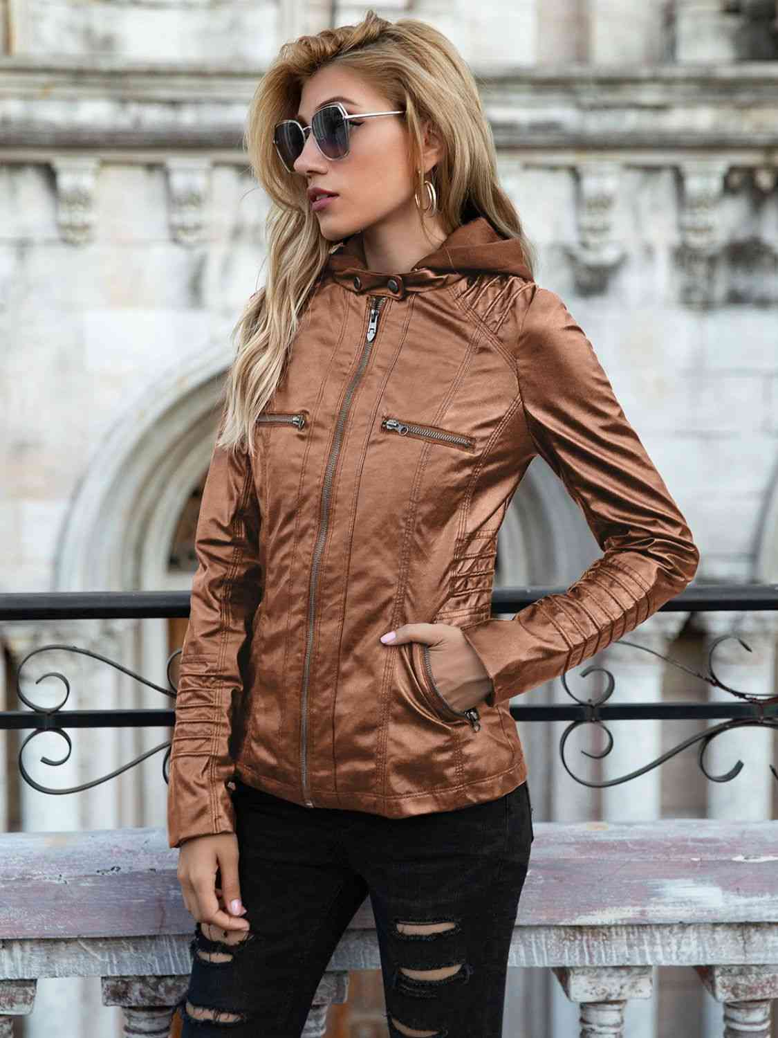 Kharyss™ - Full Size Zip-Up Hooded PU Jacket [Last Day Discount]