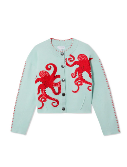 Cozy coastal cardigan with octopus motif and contrasting piping 