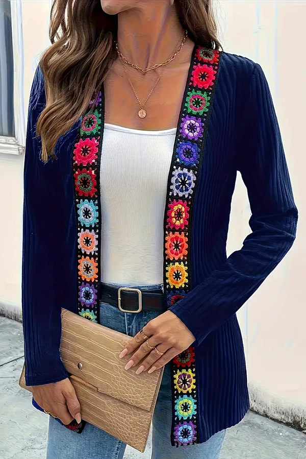 Boho knit cardigan with floral trim and long sleeves 