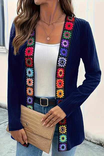 Boho knit cardigan with floral trim and long sleeves 