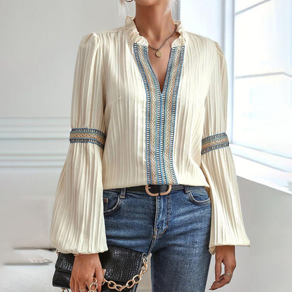 Avery™ - Bell-sleeved apricot long-sleeved pleated top