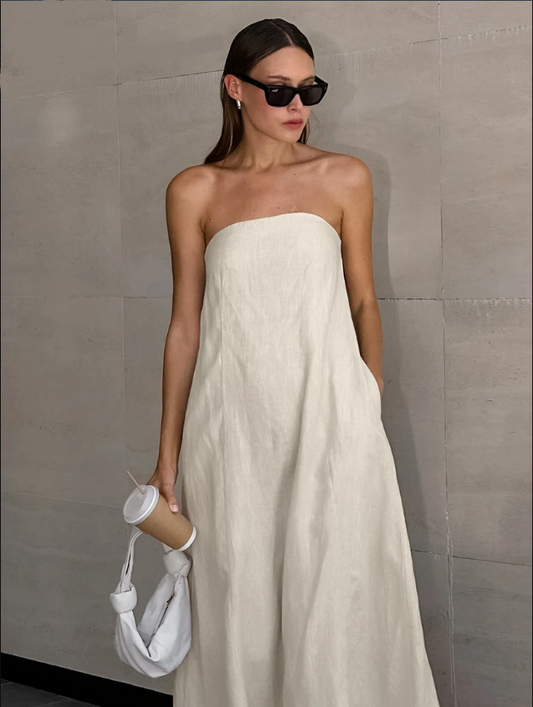 Sophia | Khaki linen dress with pockets