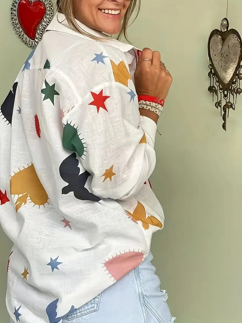 Linen blend printed blouse with button placket and wide sleeves 