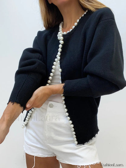 Cardigan with pearl embellishment and frayed hem 