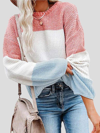 Cozy color-blocked knit sweater for a casual autumn style 