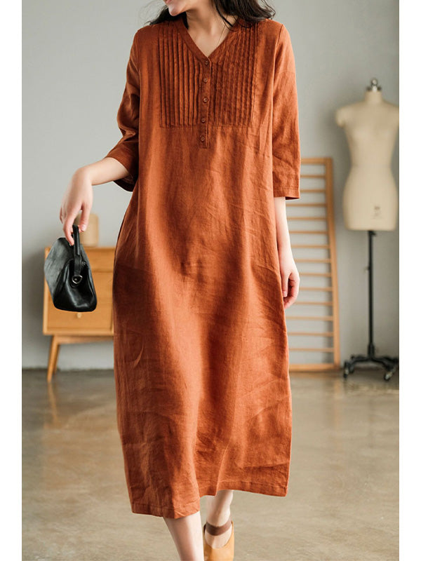 V-neck, short sleeves, gathered cotton, loose dress 