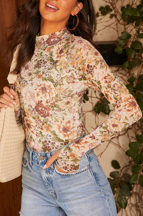 Floral printed slim fit long-sleeved casual top 