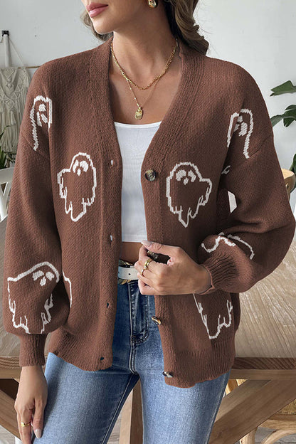 Cozy Halloween ghost knit sweater with buttons 