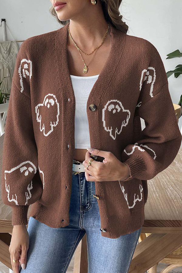 Cozy Halloween ghost knit sweater with buttons 