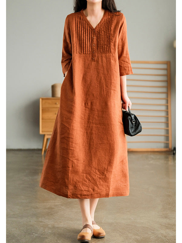 V-neck, short sleeves, gathered cotton, loose dress 