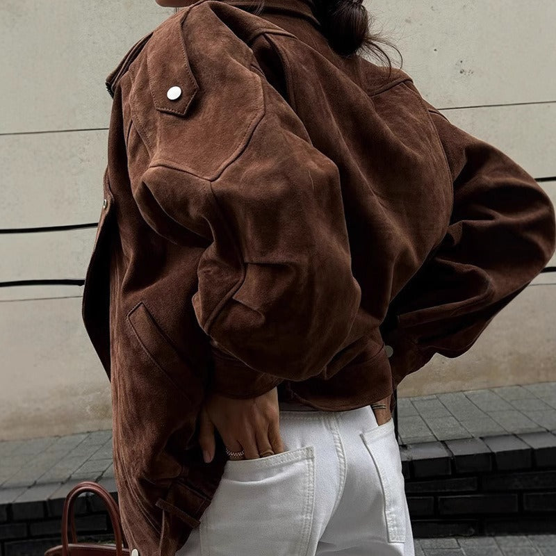 Oversized bomber jacket in suede look with asymmetrical zipper 