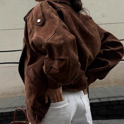 Oversized bomber jacket in suede look with asymmetrical zipper 